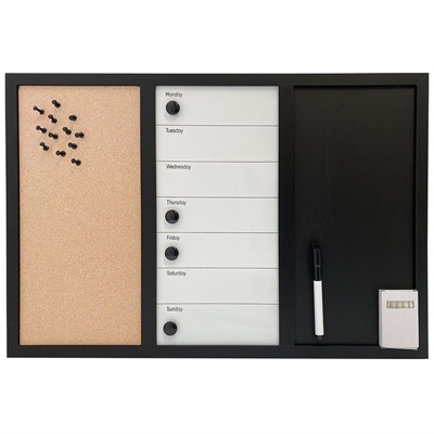 Whiteboard mit Wochenplan ENGLISCH, Kork- und Kreidetafel 60 x 40 cm, inkl. schwarzer magnetischer Marker, 4 x schwarze 20 mm Magnete, 12 schwarze Nadeln und 1 Packung Kreide (5 Stk.)